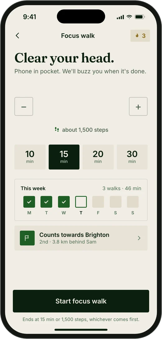The Stepa focus walk screen set to 15 minutes