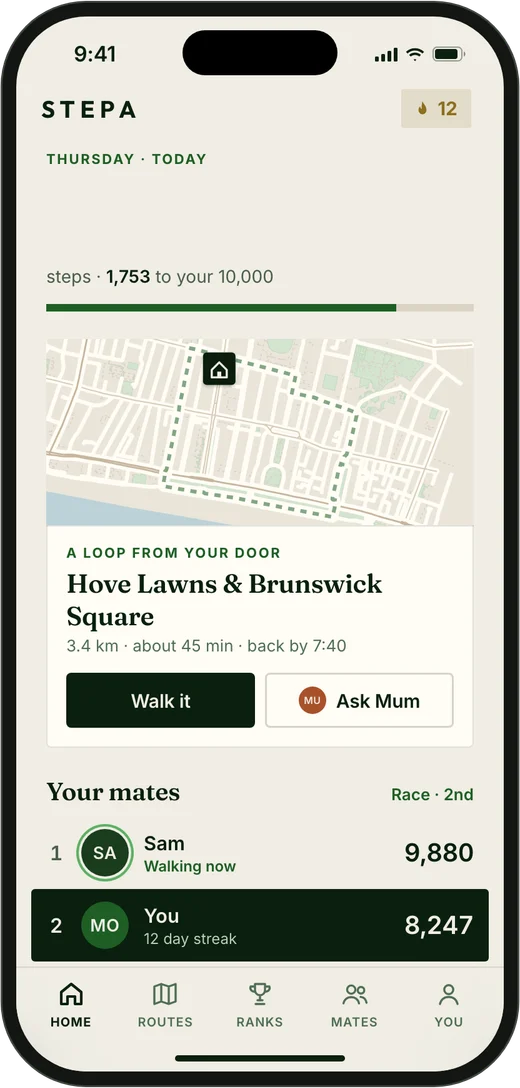 The Stepa home screen with today’s steps and a loop from your door