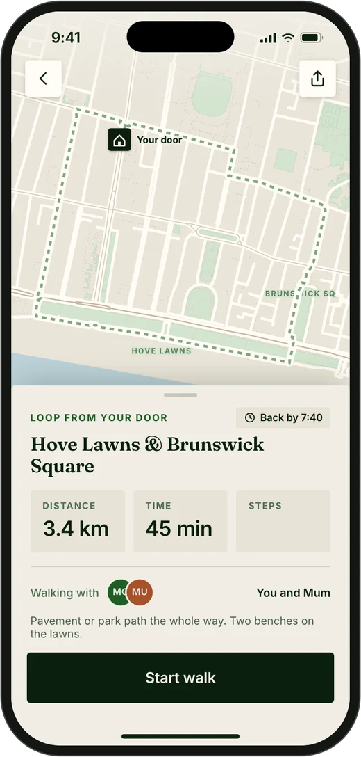 The Stepa app showing a 3.4 km loop from your door, walked with Mum